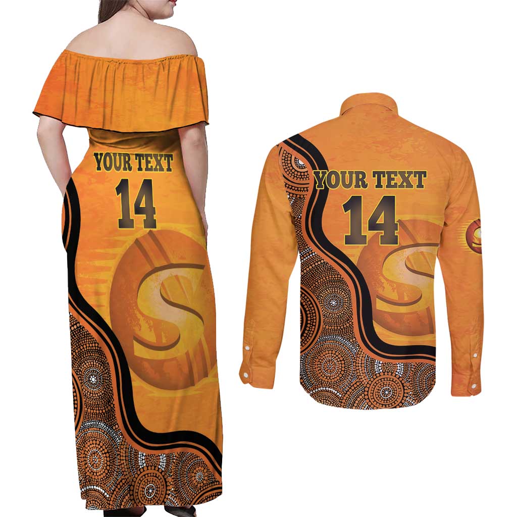 Custom Perth Scorchers Couples Matching Off Shoulder Maxi Dress and Long Sleeve Button Shirt Indigenous Art - Grunge Style