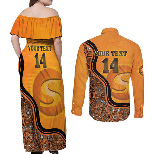 Custom Perth Scorchers Couples Matching Off Shoulder Maxi Dress and Long Sleeve Button Shirt Indigenous Art - Grunge Style