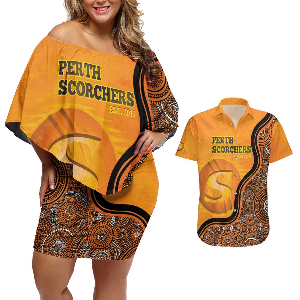 Custom Perth Scorchers Couples Matching Off Shoulder Short Dress and Hawaiian Shirt Indigenous Art - Grunge Style