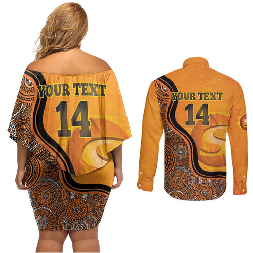 Custom Perth Scorchers Couples Matching Off Shoulder Short Dress and Long Sleeve Button Shirt Indigenous Art - Grunge Style