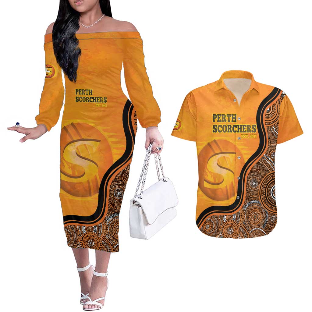 Custom Perth Scorchers Couples Matching Off The Shoulder Long Sleeve Dress and Hawaiian Shirt Indigenous Art - Grunge Style