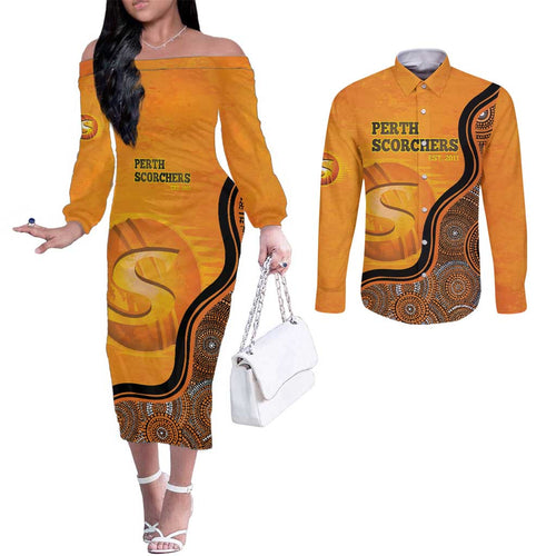 Custom Perth Scorchers Couples Matching Off The Shoulder Long Sleeve Dress and Long Sleeve Button Shirt Indigenous Art - Grunge Style