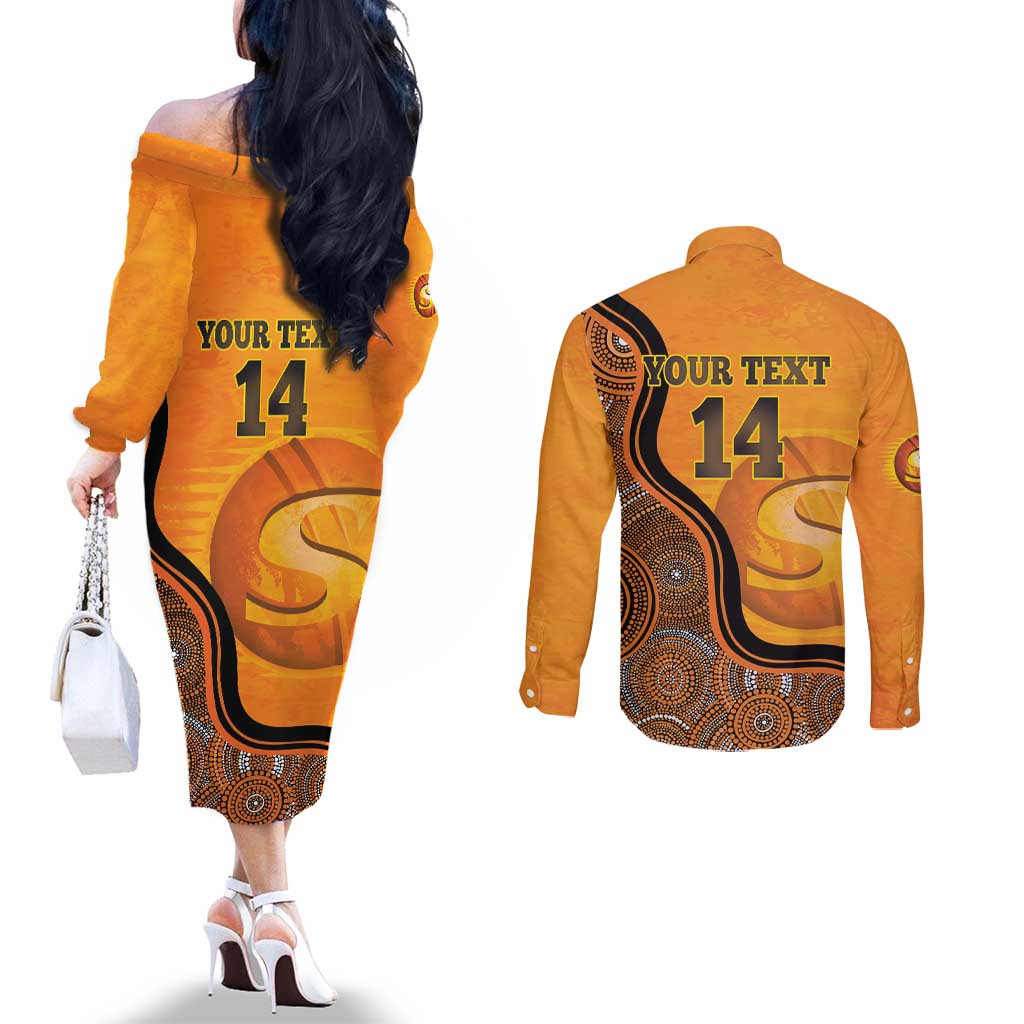 Custom Perth Scorchers Couples Matching Off The Shoulder Long Sleeve Dress and Long Sleeve Button Shirt Indigenous Art - Grunge Style