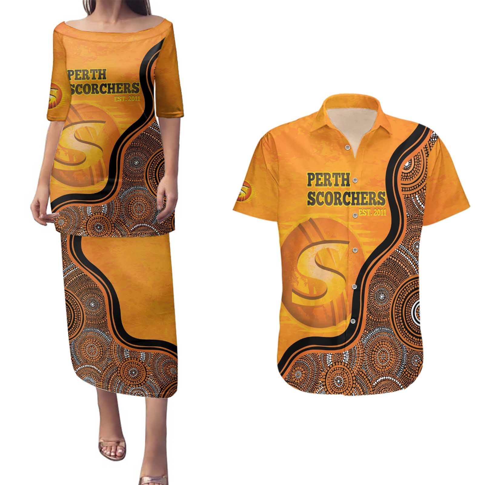 Custom Perth Scorchers Couples Matching Puletasi and Hawaiian Shirt Indigenous Art - Grunge Style