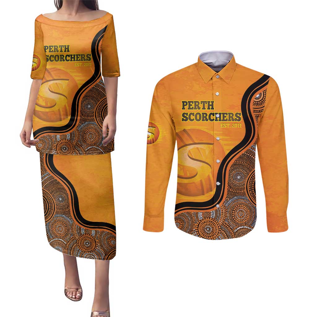 Custom Perth Scorchers Couples Matching Puletasi and Long Sleeve Button Shirt Indigenous Art - Grunge Style