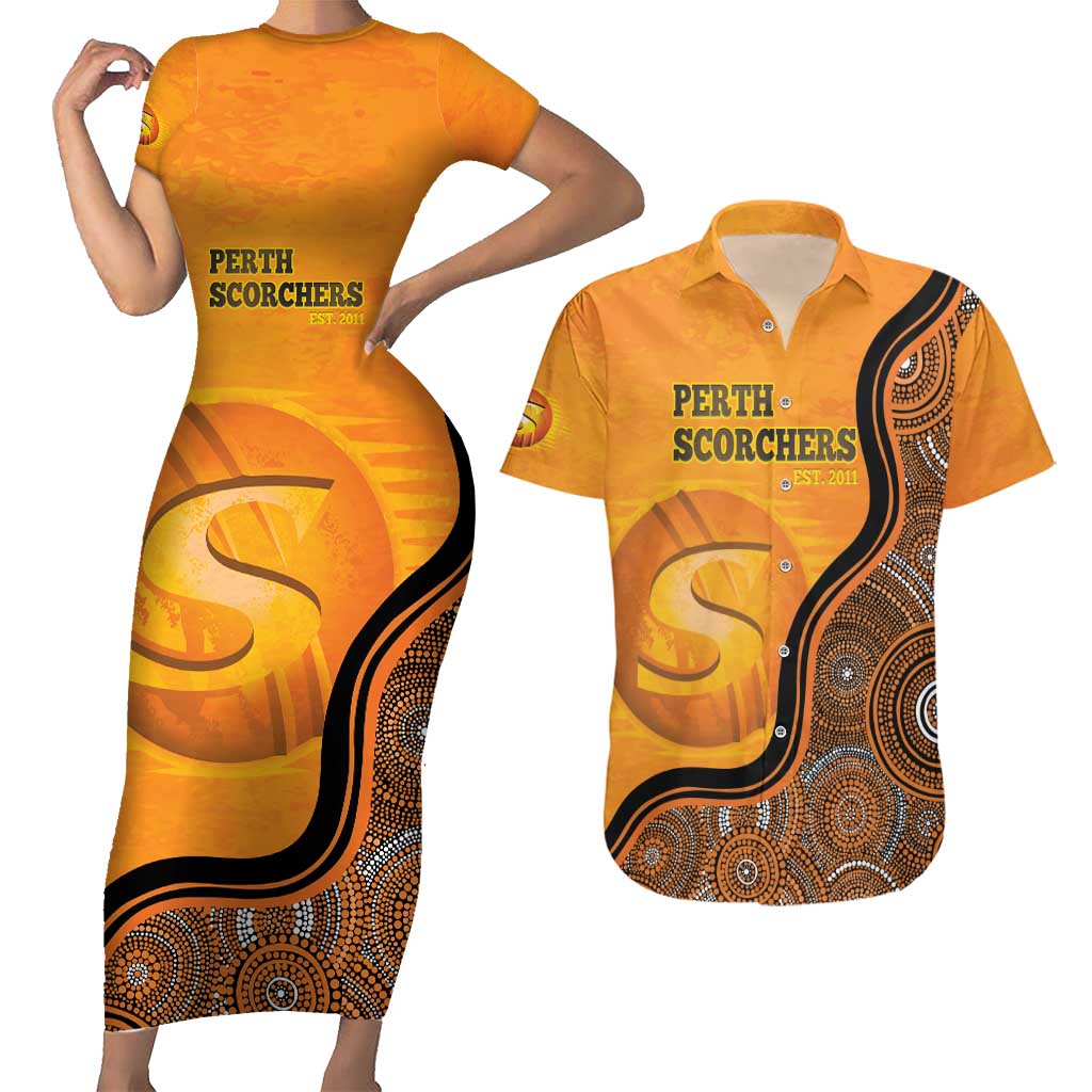 Custom Perth Scorchers Couples Matching Short Sleeve Bodycon Dress and Hawaiian Shirt Indigenous Art - Grunge Style