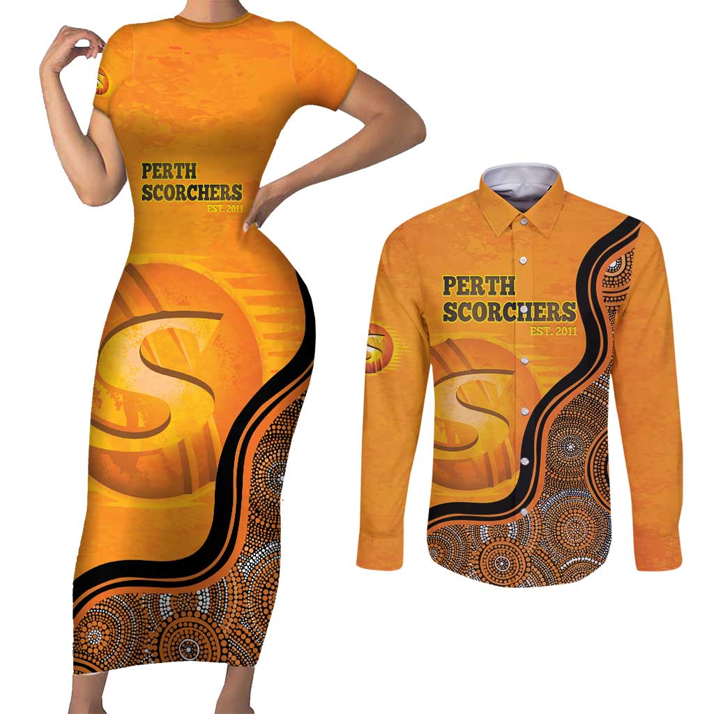 Custom Perth Scorchers Couples Matching Short Sleeve Bodycon Dress and Long Sleeve Button Shirt Indigenous Art - Grunge Style