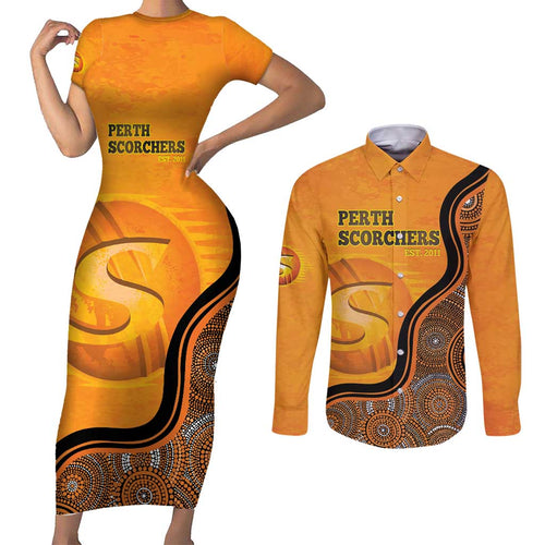 Custom Perth Scorchers Couples Matching Short Sleeve Bodycon Dress and Long Sleeve Button Shirt Indigenous Art - Grunge Style