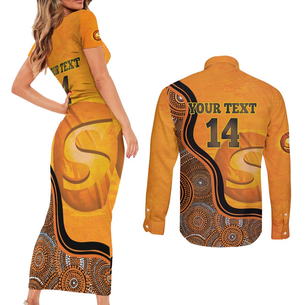 Custom Perth Scorchers Couples Matching Short Sleeve Bodycon Dress and Long Sleeve Button Shirt Indigenous Art - Grunge Style