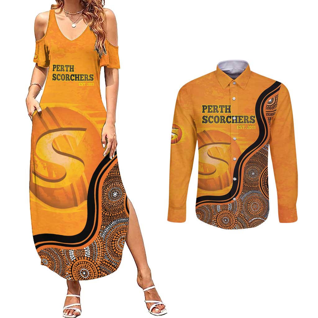 Custom Perth Scorchers Couples Matching Summer Maxi Dress and Long Sleeve Button Shirt Indigenous Art - Grunge Style