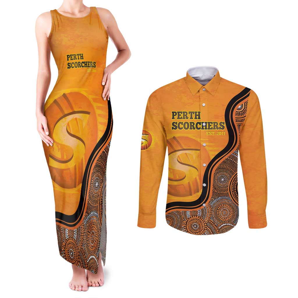 Custom Perth Scorchers Couples Matching Tank Maxi Dress and Long Sleeve Button Shirt Indigenous Art - Grunge Style