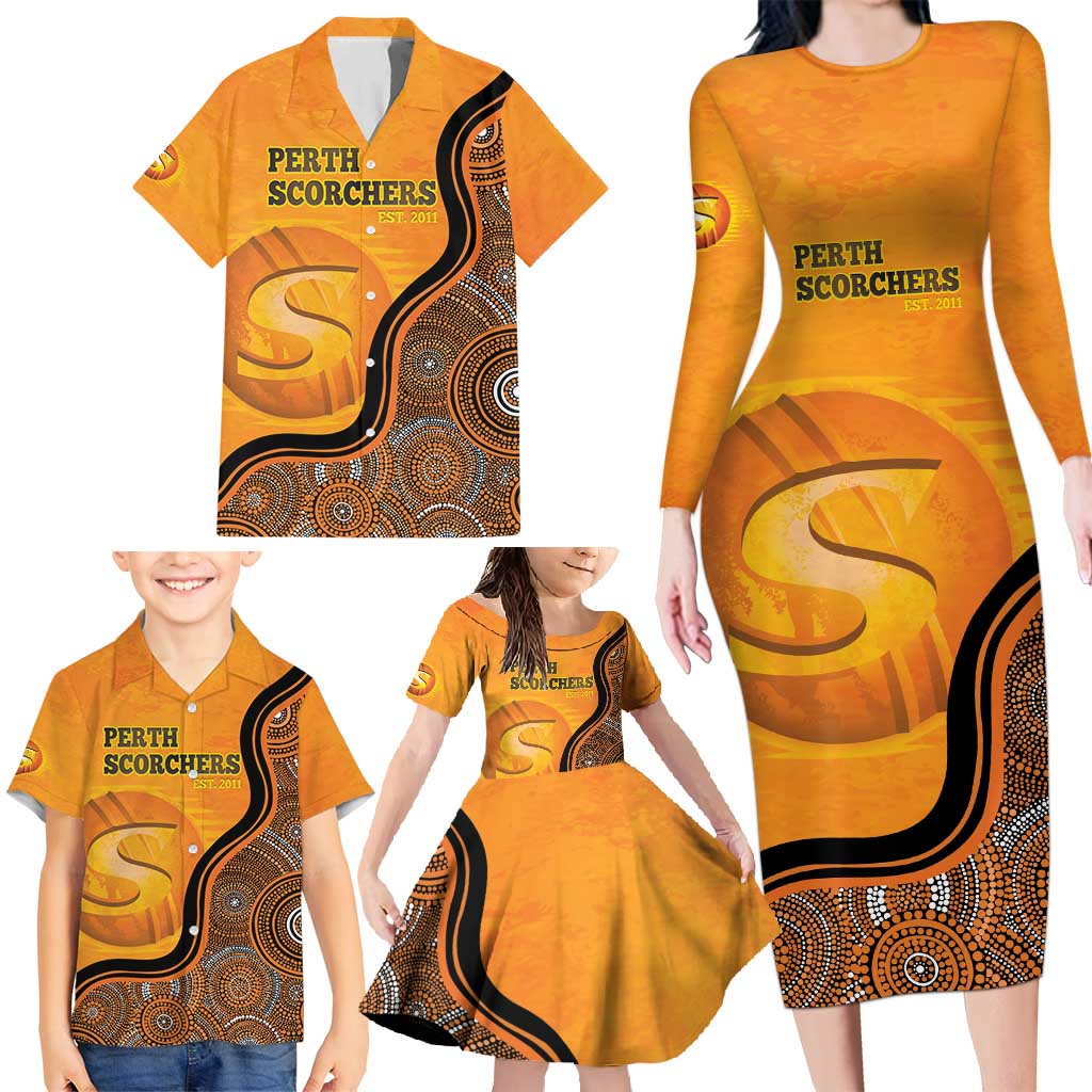 Custom Perth Scorchers Family Matching Long Sleeve Bodycon Dress and Hawaiian Shirt Indigenous Art - Grunge Style
