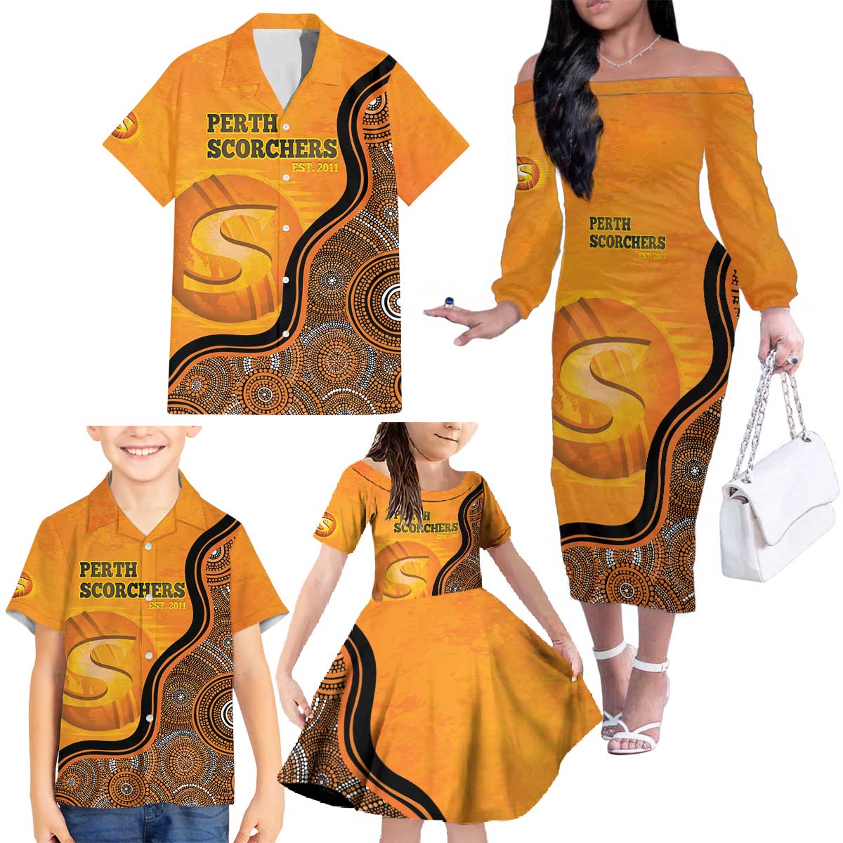 Custom Perth Scorchers Family Matching Off The Shoulder Long Sleeve Dress and Hawaiian Shirt Indigenous Art - Grunge Style