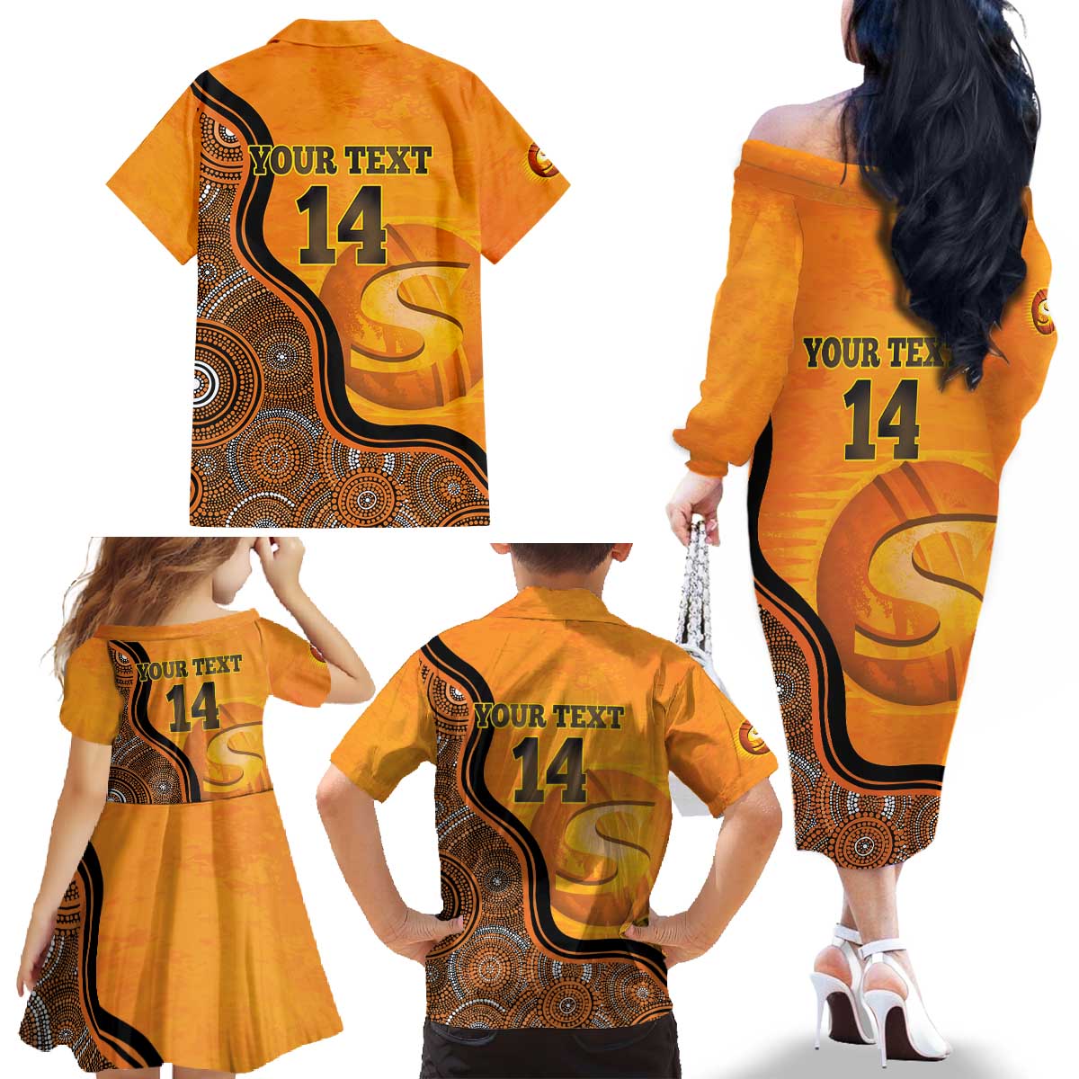 Custom Perth Scorchers Family Matching Off The Shoulder Long Sleeve Dress and Hawaiian Shirt Indigenous Art - Grunge Style