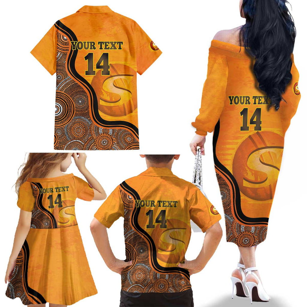 Custom Perth Scorchers Family Matching Off The Shoulder Long Sleeve Dress and Hawaiian Shirt Indigenous Art - Grunge Style