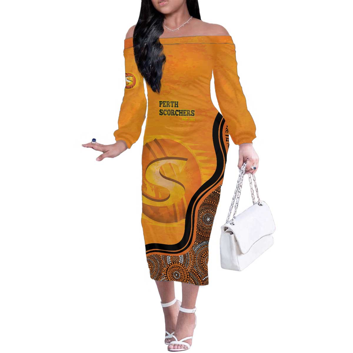 Custom Perth Scorchers Family Matching Off The Shoulder Long Sleeve Dress and Hawaiian Shirt Indigenous Art - Grunge Style