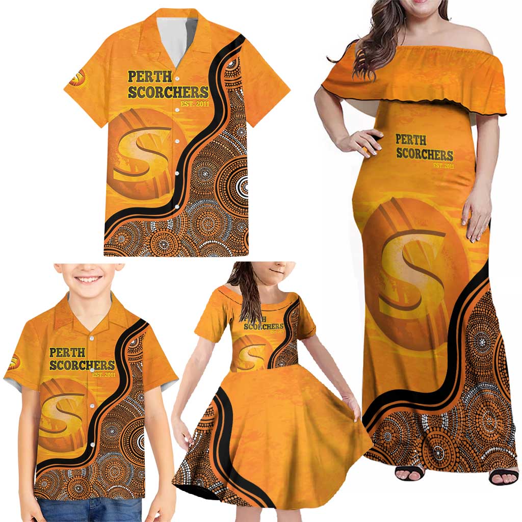 Custom Perth Scorchers Family Matching Off Shoulder Maxi Dress and Hawaiian Shirt Indigenous Art - Grunge Style
