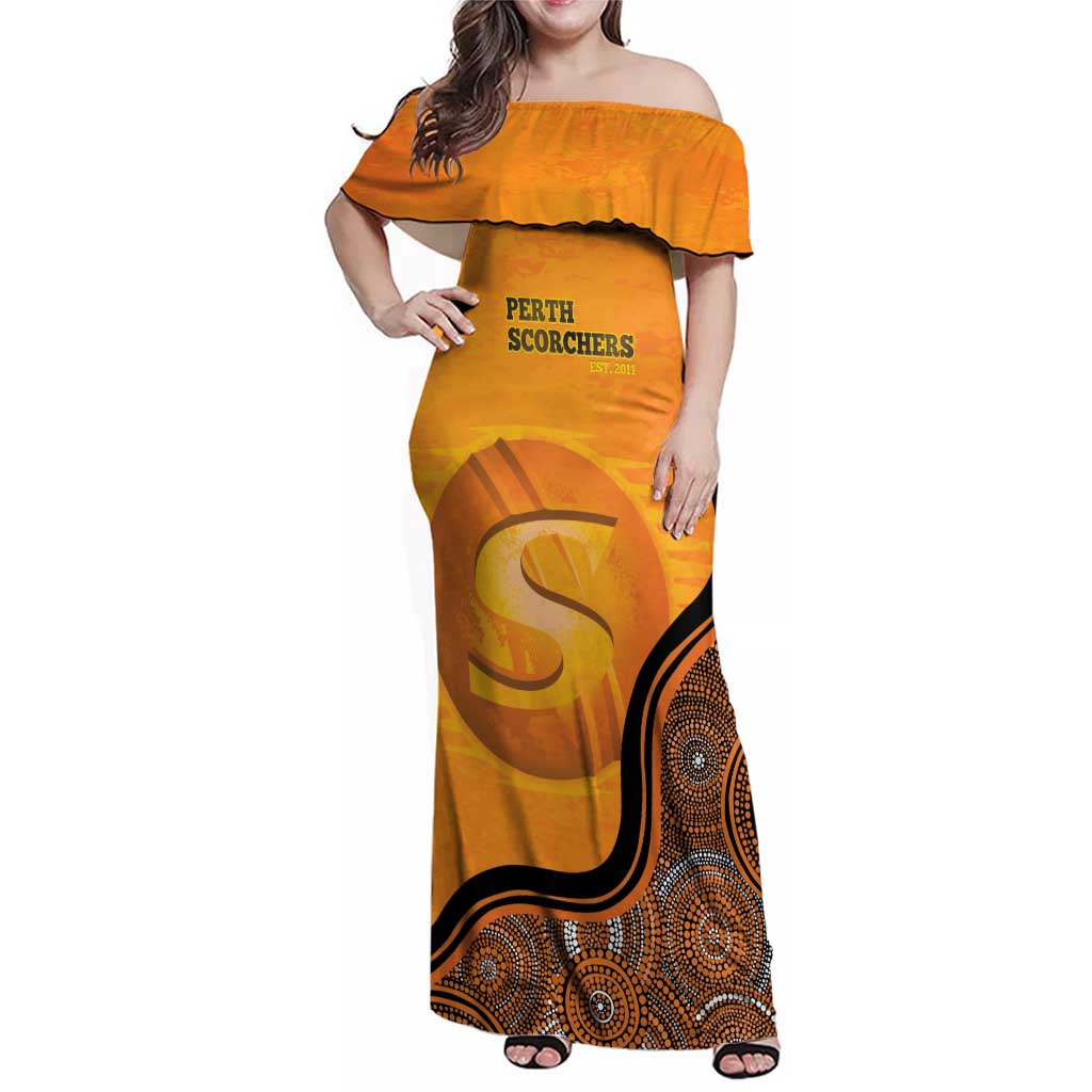 Custom Perth Scorchers Family Matching Off Shoulder Maxi Dress and Hawaiian Shirt Indigenous Art - Grunge Style