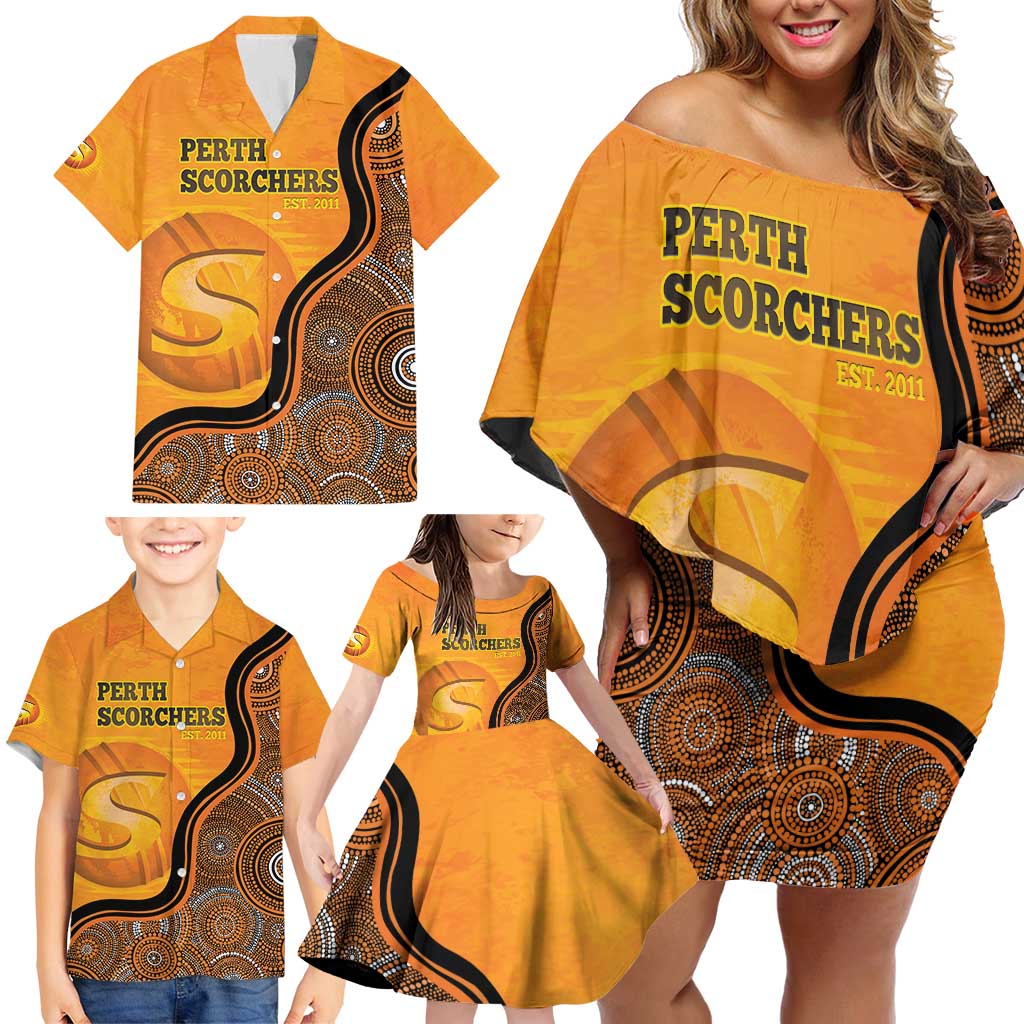 Custom Perth Scorchers Family Matching Off Shoulder Short Dress and Hawaiian Shirt Indigenous Art - Grunge Style