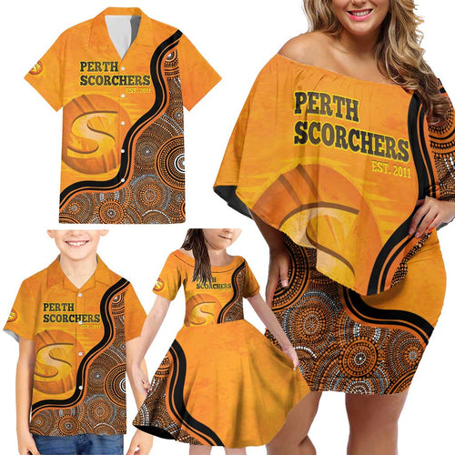 Custom Perth Scorchers Family Matching Off Shoulder Short Dress and Hawaiian Shirt Indigenous Art - Grunge Style