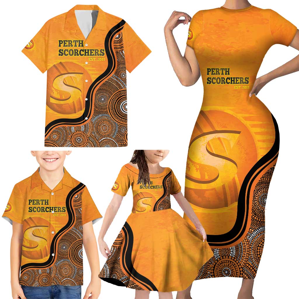 Custom Perth Scorchers Family Matching Short Sleeve Bodycon Dress and Hawaiian Shirt Indigenous Art - Grunge Style