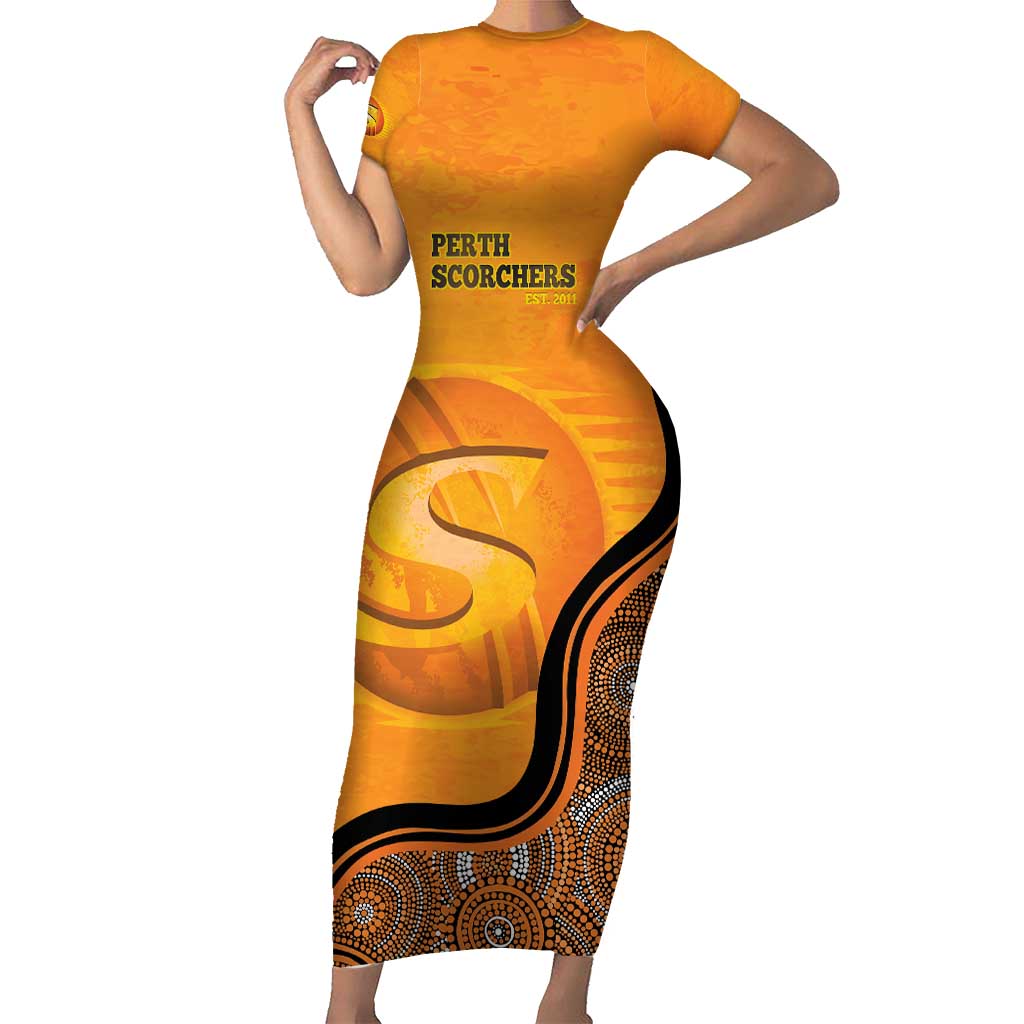 Custom Perth Scorchers Family Matching Short Sleeve Bodycon Dress and Hawaiian Shirt Indigenous Art - Grunge Style