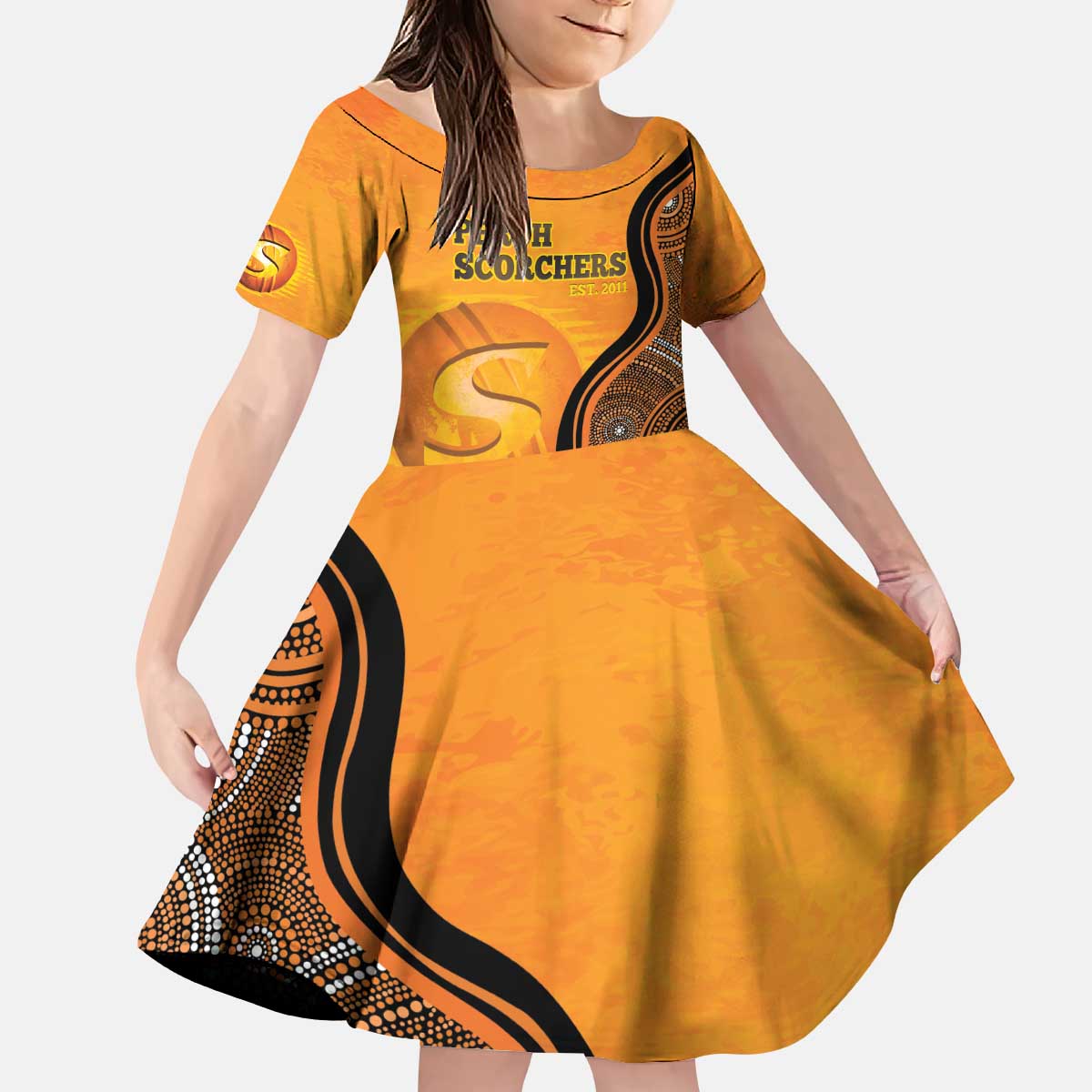 Custom Perth Scorchers Kid Short Sleeve Dress Indigenous Art - Grunge Style