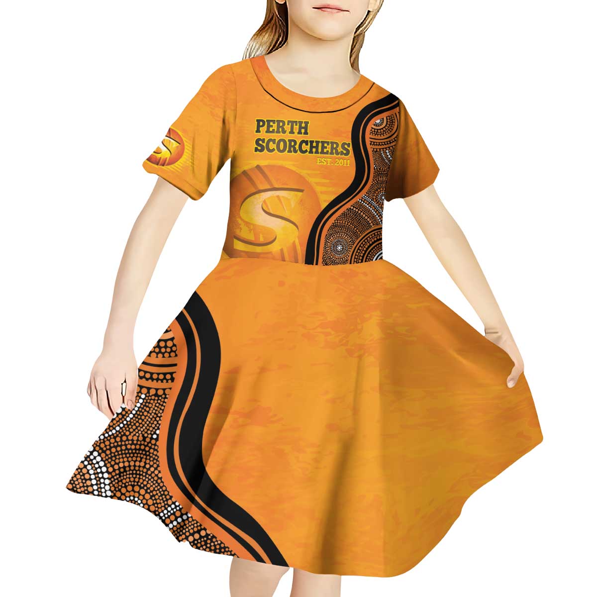 Custom Perth Scorchers Kid Short Sleeve Dress Indigenous Art - Grunge Style