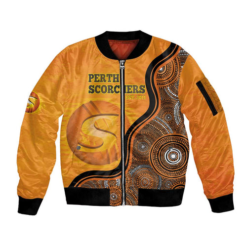 Custom Perth Scorchers Sleeve Zip Bomber Jacket Indigenous Art - Grunge Style