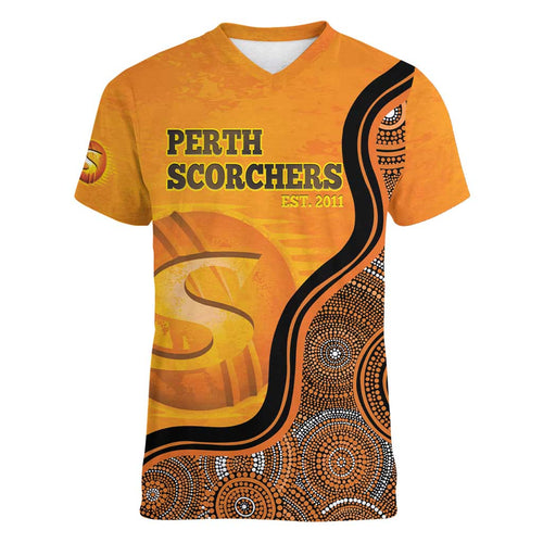 Custom Perth Scorchers Women V-Neck T-Shirt Indigenous Art - Grunge Style