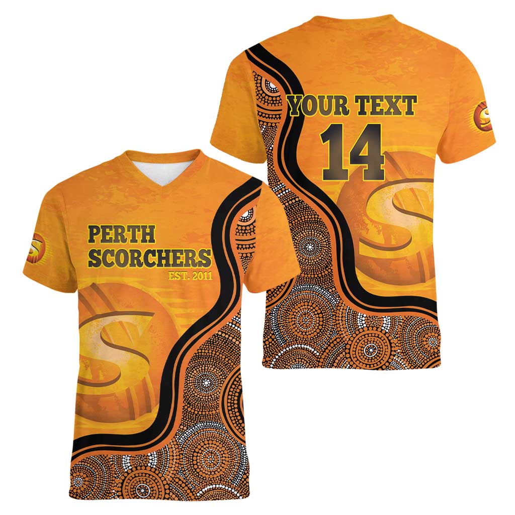Custom Perth Scorchers Women V-Neck T-Shirt Indigenous Art - Grunge Style