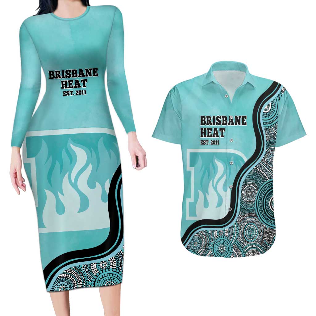 Custom Brisbane Heat Couples Matching Long Sleeve Bodycon Dress and Hawaiian Shirt Indigenous Art - Grunge Style