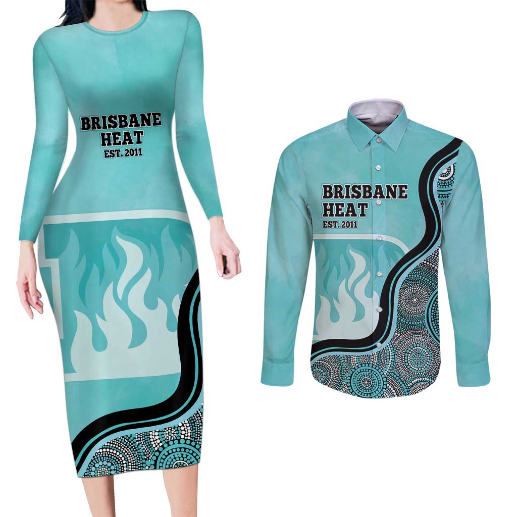 Custom Brisbane Heat Couples Matching Long Sleeve Bodycon Dress and Long Sleeve Button Shirt Indigenous Art - Grunge Style