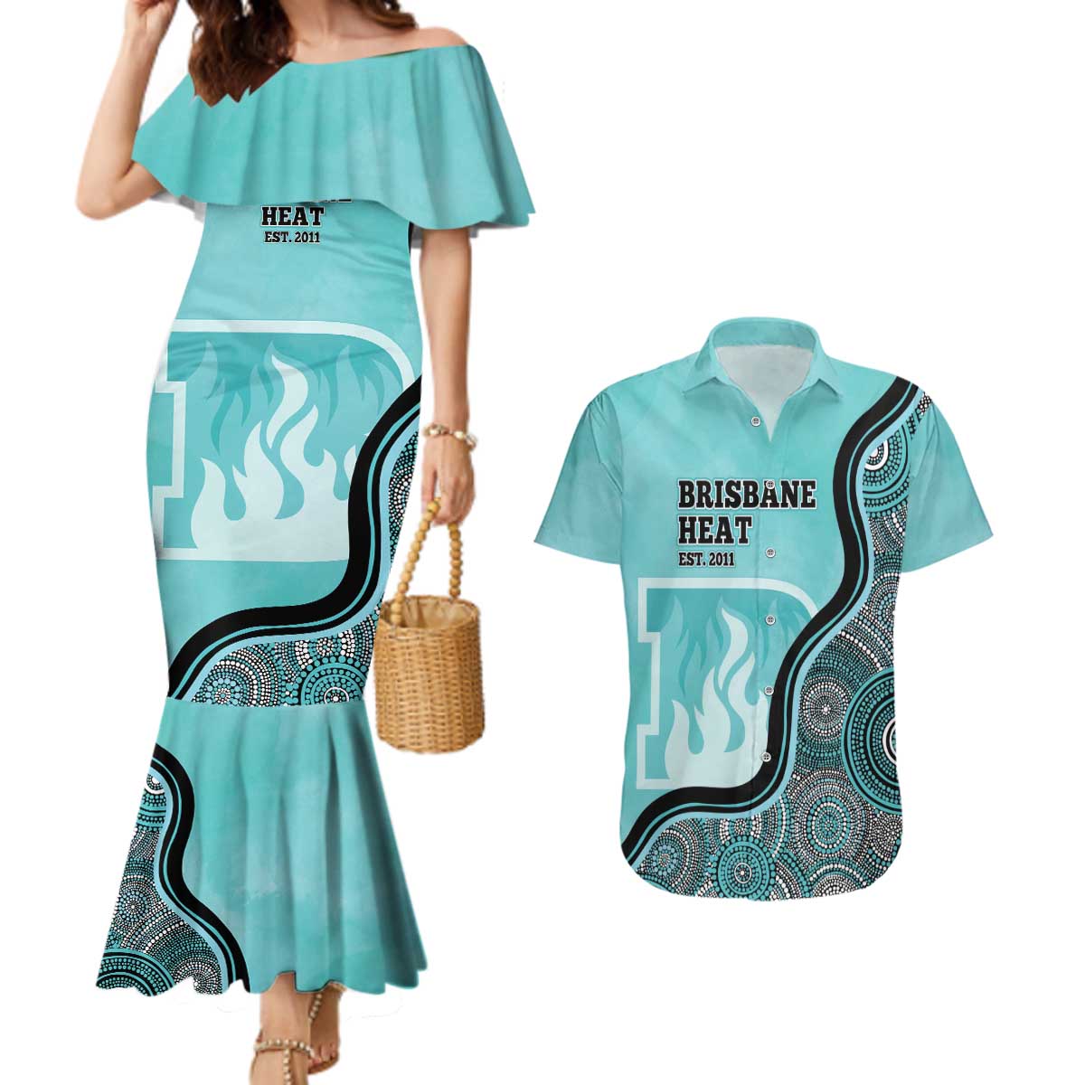 Custom Brisbane Heat Couples Matching Mermaid Dress and Hawaiian Shirt Indigenous Art - Grunge Style