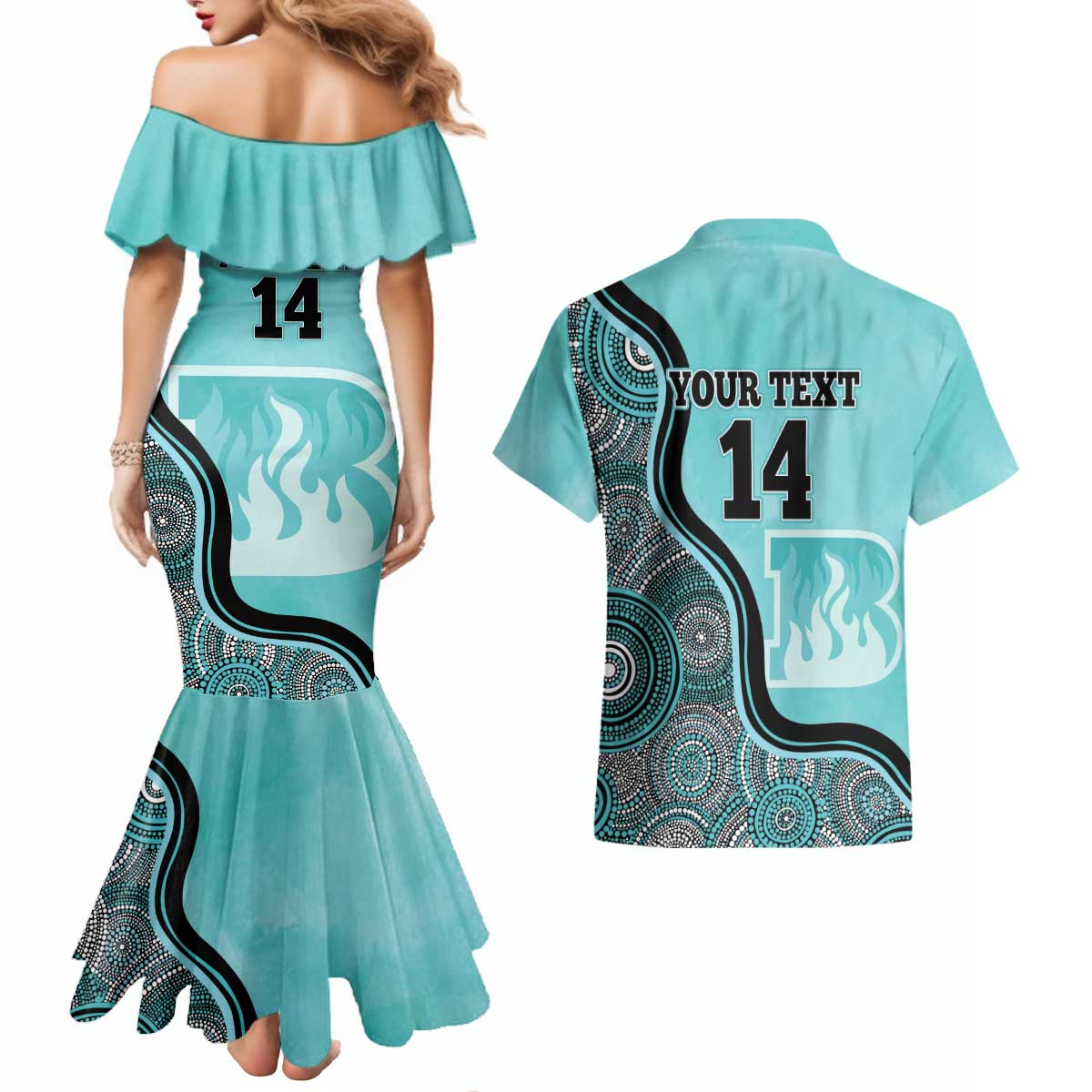 Custom Brisbane Heat Couples Matching Mermaid Dress and Hawaiian Shirt Indigenous Art - Grunge Style