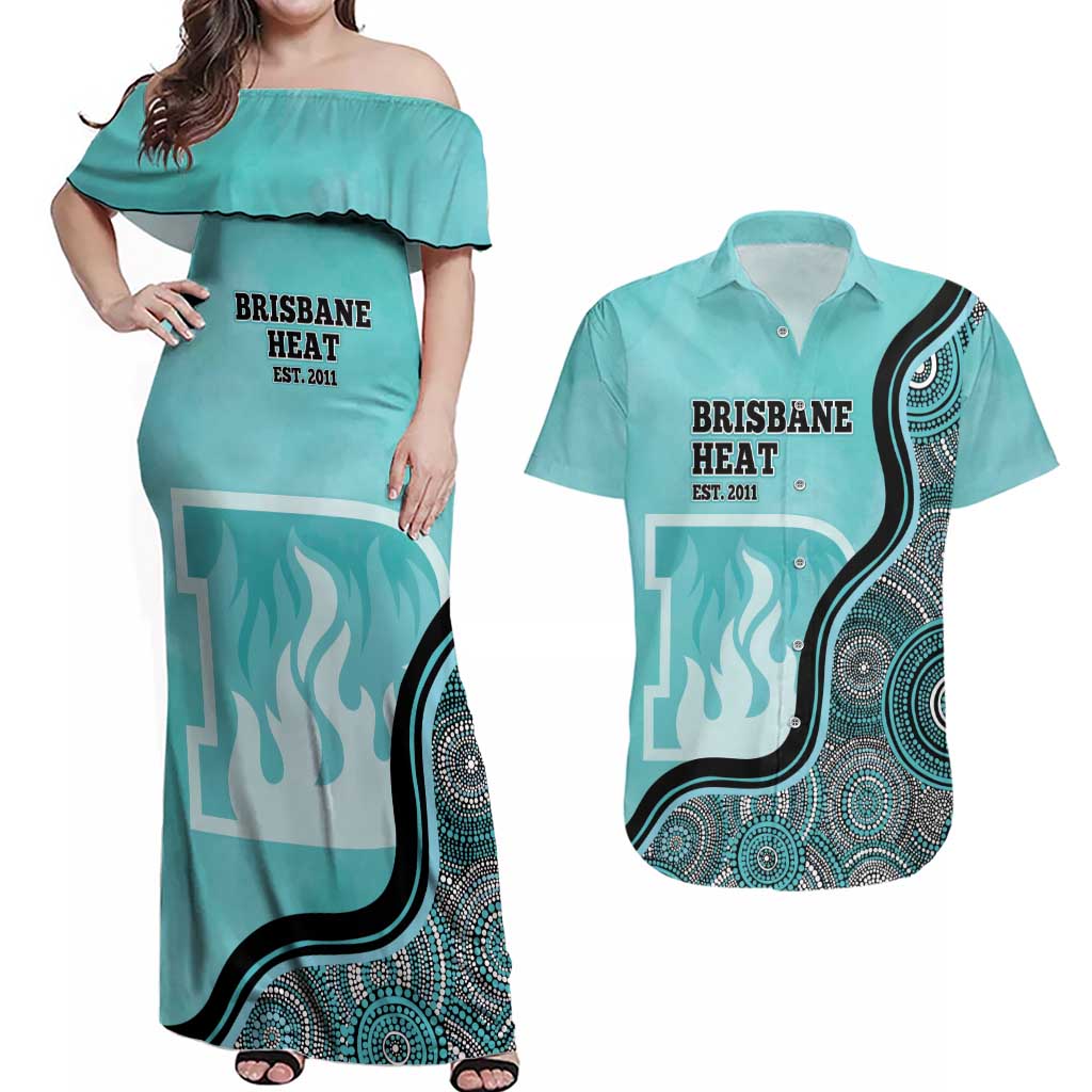 Custom Brisbane Heat Couples Matching Off Shoulder Maxi Dress and Hawaiian Shirt Indigenous Art - Grunge Style