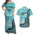 Custom Brisbane Heat Couples Matching Off Shoulder Maxi Dress and Hawaiian Shirt Indigenous Art - Grunge Style