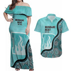 Custom Brisbane Heat Couples Matching Off Shoulder Maxi Dress and Hawaiian Shirt Indigenous Art - Grunge Style