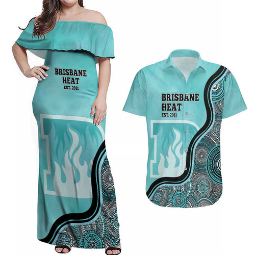 Custom Brisbane Heat Couples Matching Off Shoulder Maxi Dress and Hawaiian Shirt Indigenous Art - Grunge Style