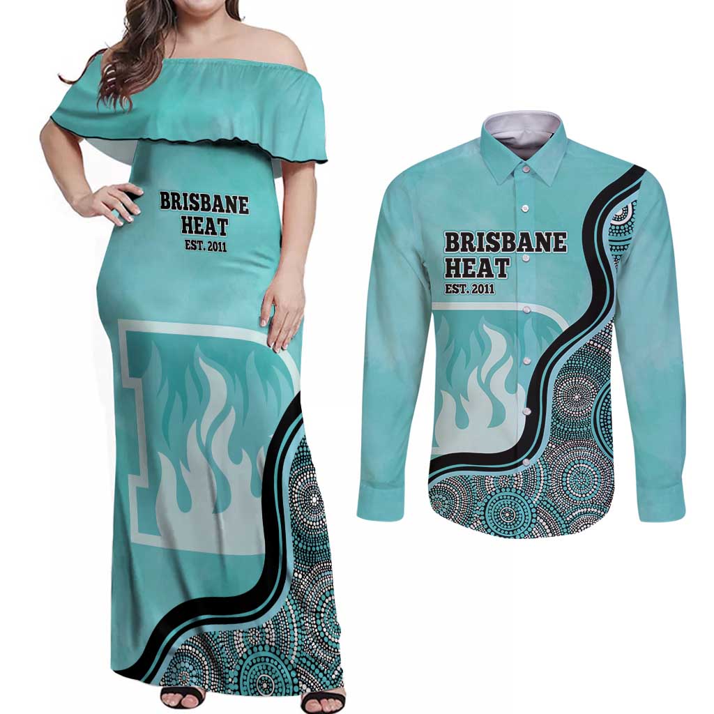 Custom Brisbane Heat Couples Matching Off Shoulder Maxi Dress and Long Sleeve Button Shirt Indigenous Art - Grunge Style