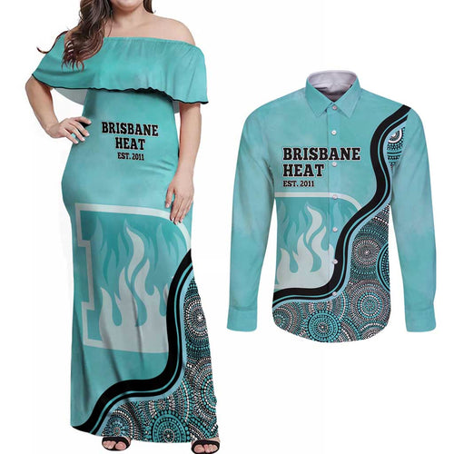 Custom Brisbane Heat Couples Matching Off Shoulder Maxi Dress and Long Sleeve Button Shirt Indigenous Art - Grunge Style