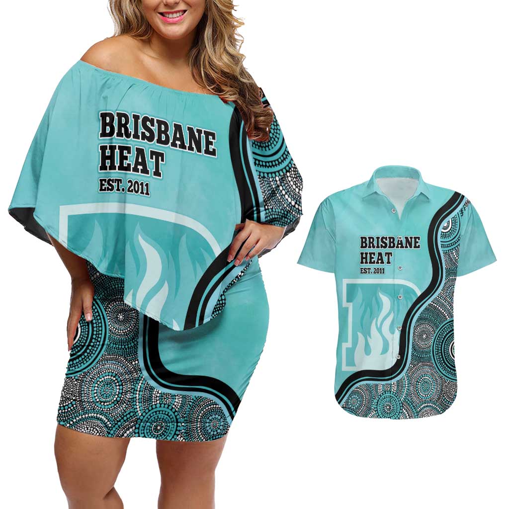 Custom Brisbane Heat Couples Matching Off Shoulder Short Dress and Hawaiian Shirt Indigenous Art - Grunge Style