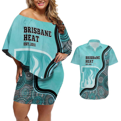 Custom Brisbane Heat Couples Matching Off Shoulder Short Dress and Hawaiian Shirt Indigenous Art - Grunge Style