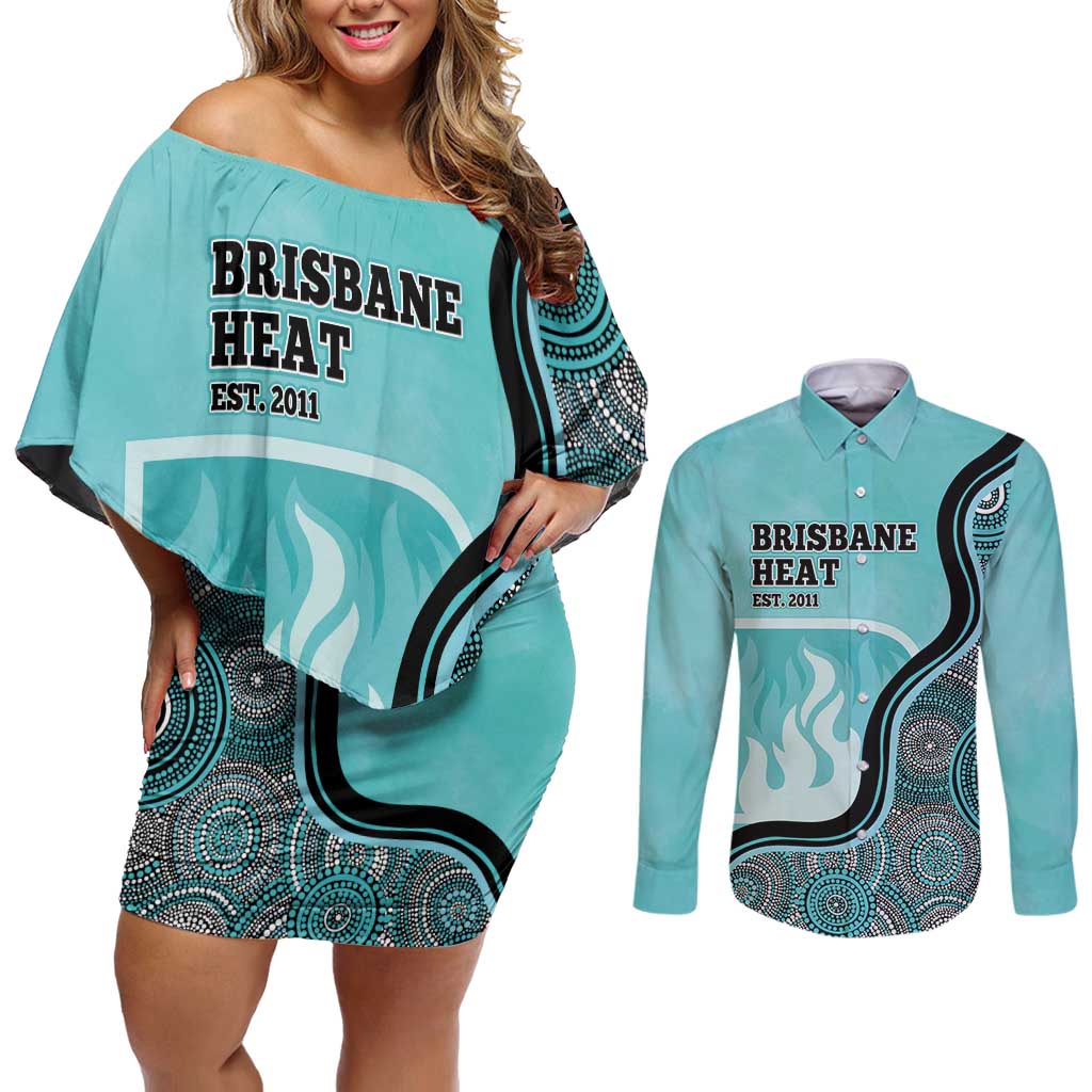 Custom Brisbane Heat Couples Matching Off Shoulder Short Dress and Long Sleeve Button Shirt Indigenous Art - Grunge Style
