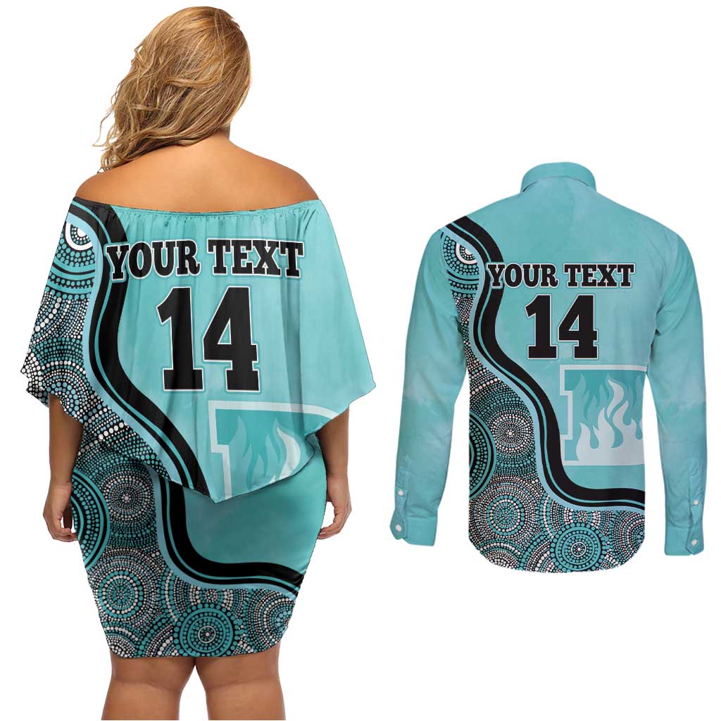 Custom Brisbane Heat Couples Matching Off Shoulder Short Dress and Long Sleeve Button Shirt Indigenous Art - Grunge Style