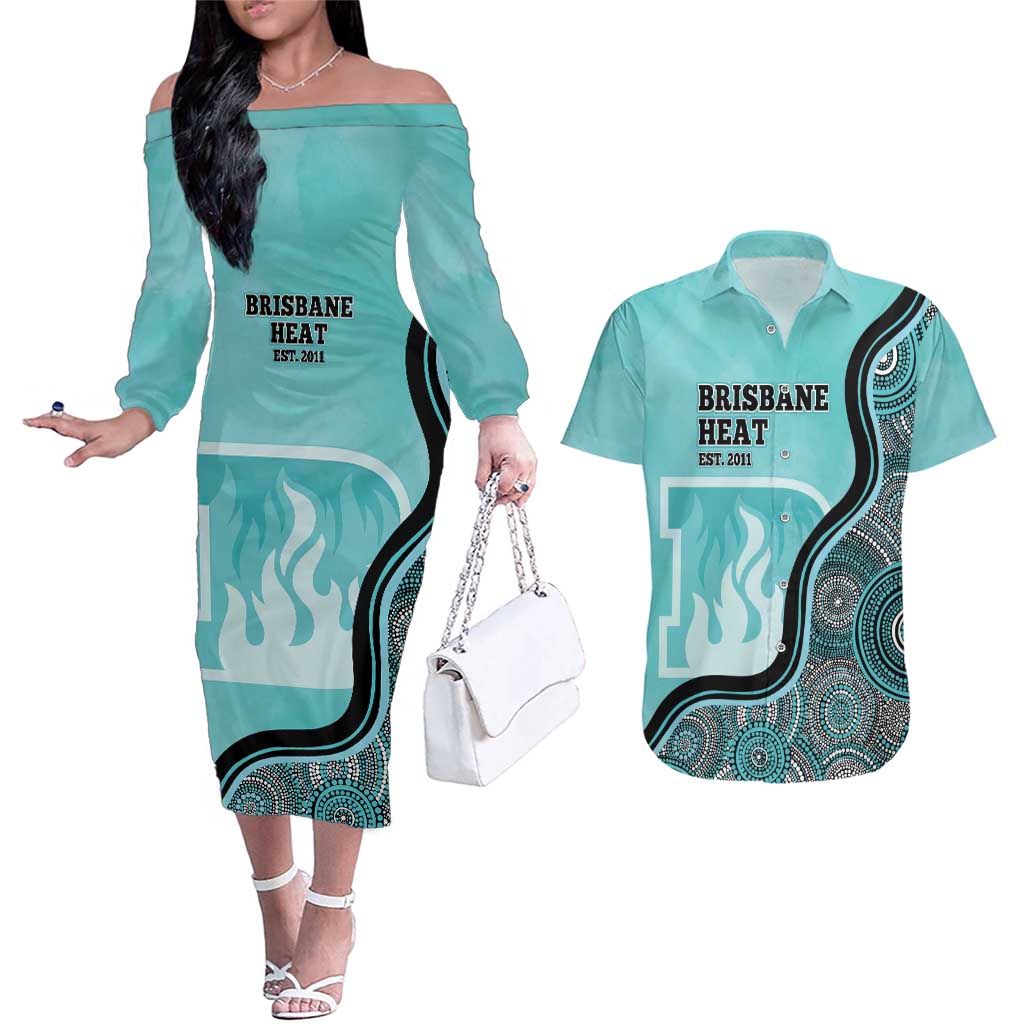 Custom Brisbane Heat Couples Matching Off The Shoulder Long Sleeve Dress and Hawaiian Shirt Indigenous Art - Grunge Style