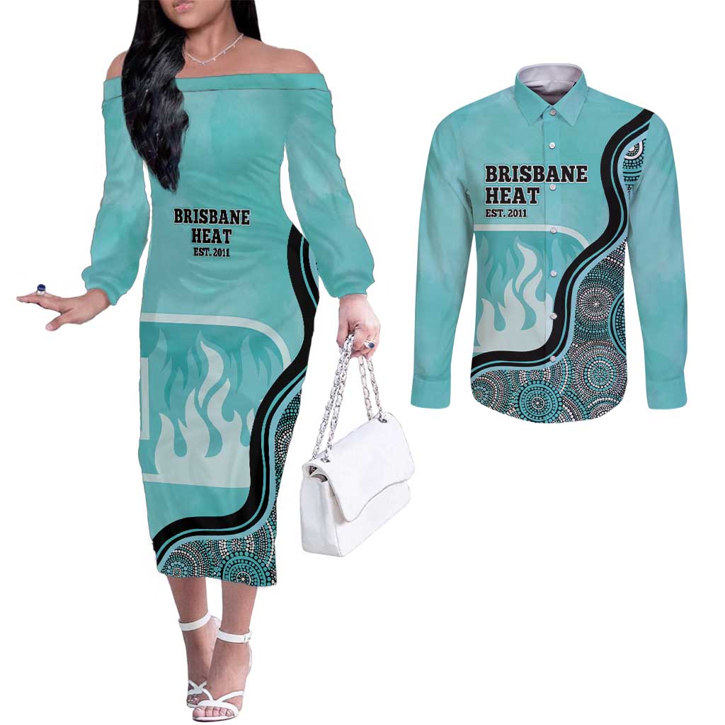 Custom Brisbane Heat Couples Matching Off The Shoulder Long Sleeve Dress and Long Sleeve Button Shirt Indigenous Art - Grunge Style