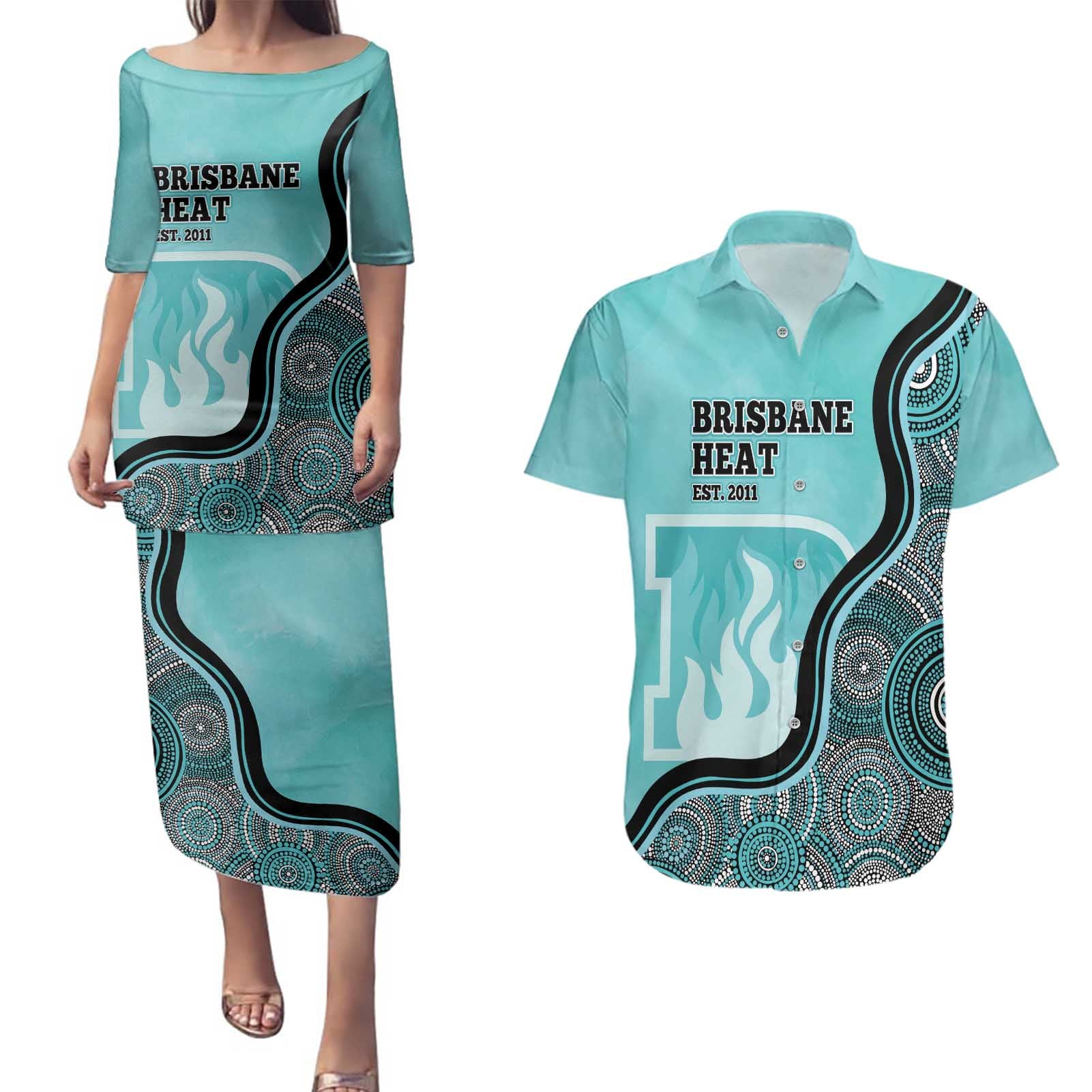 Custom Brisbane Heat Couples Matching Puletasi and Hawaiian Shirt Indigenous Art - Grunge Style