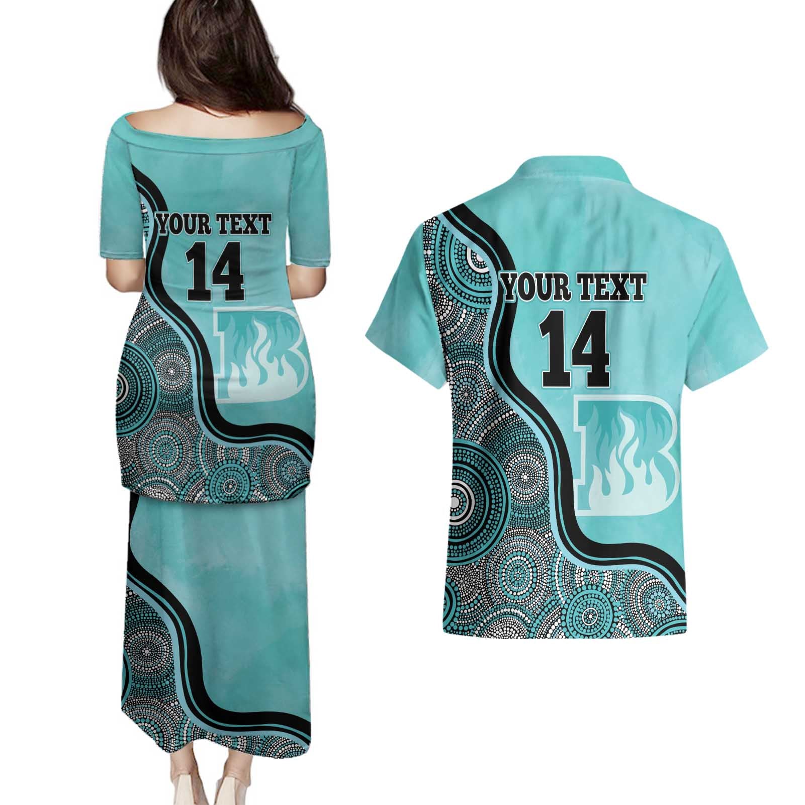 Custom Brisbane Heat Couples Matching Puletasi and Hawaiian Shirt Indigenous Art - Grunge Style