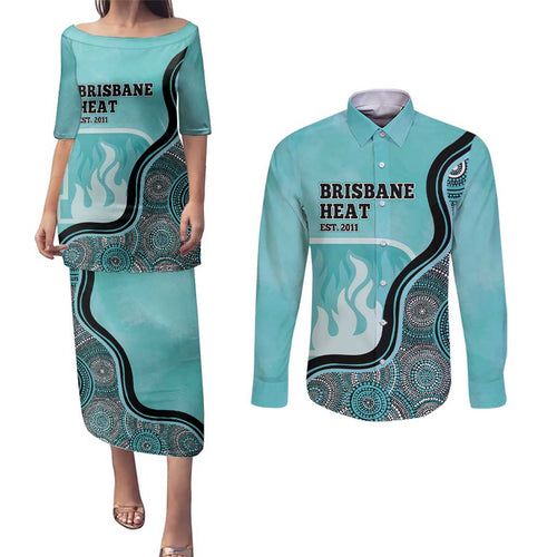 Custom Brisbane Heat Couples Matching Puletasi and Long Sleeve Button Shirt Indigenous Art - Grunge Style